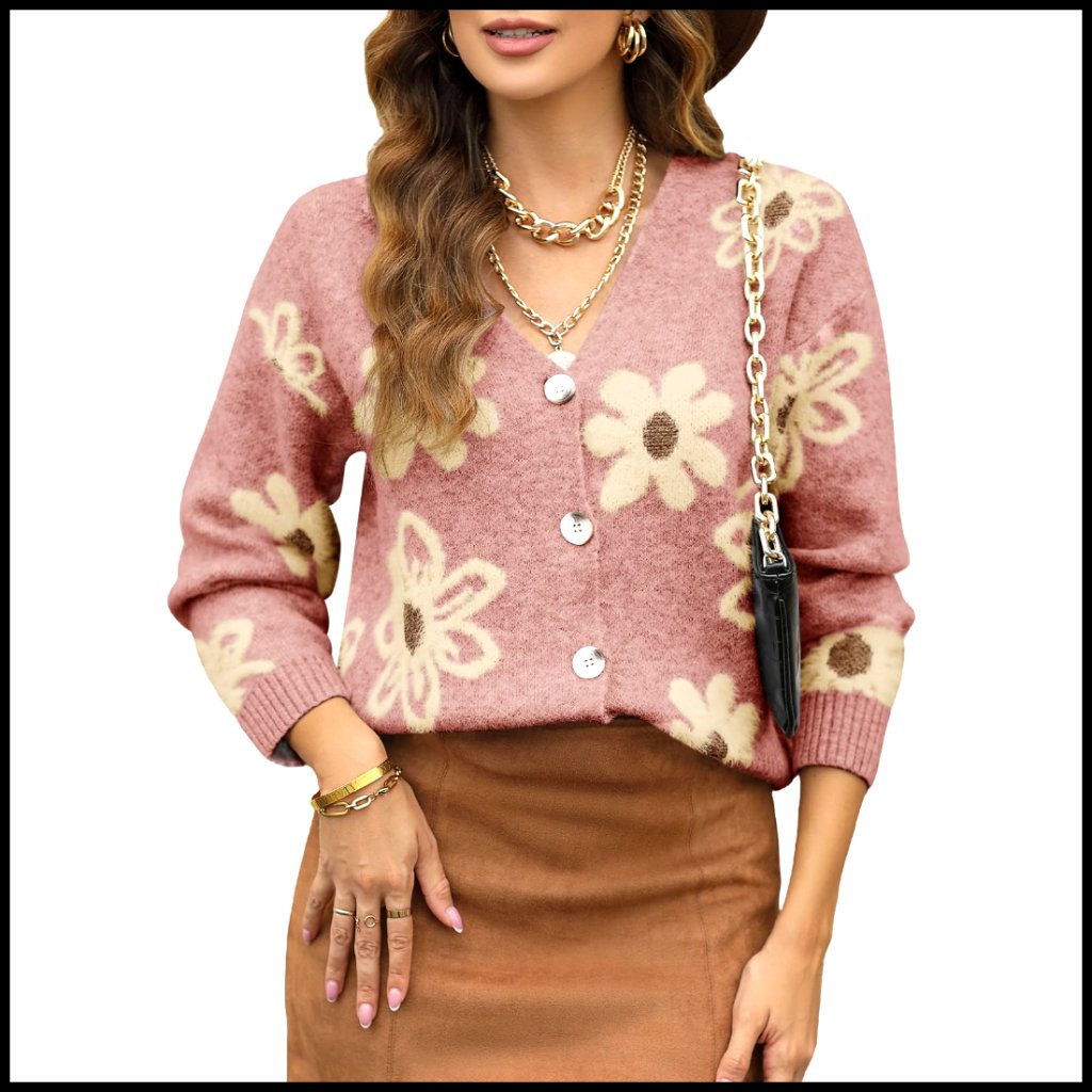 Open Front V-Neck Cardigan Sweater Long Sleeve Floral Knit Women's